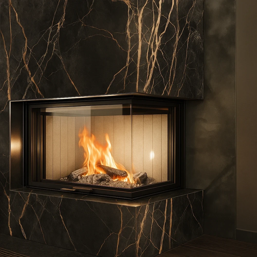 Quattro 100 ECO – kutni kamin s vertikalnim podizanjem vrata (giljotina), dostupan u lijevoj (L) i desnoj (R) izvedbi.