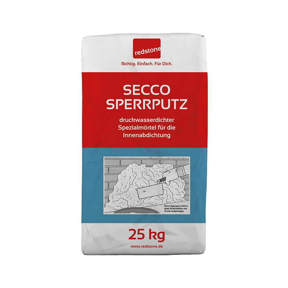 Redstone Secco Sperrputz je specijalna mineralna hidroizolacijska zaporna žbuka namijenjena za unutarnju hidroizolaciju vlažnih i solima opterećenih zidova.